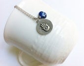 Shaina Necklace Hamsa Hand Matte Sterling Silver Coin Cobalt Blue Lapis Gemstone with Evil Eye on Chain