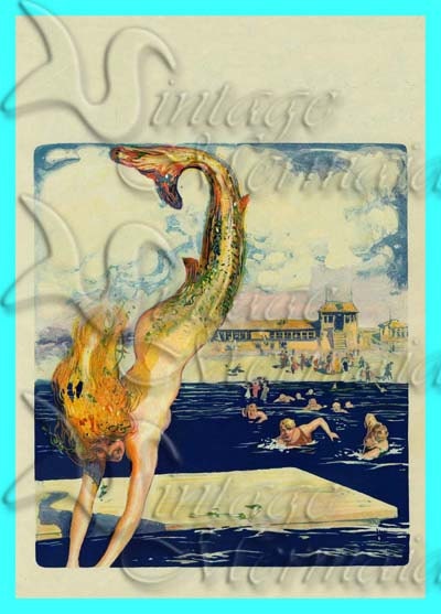 s390  Vintage Art Nouveau Mermaid swimming Lover magazine illustration  print panel Cotton Print Fabric square Block Applique 4 Quilt 5x7