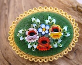 Vintage Micro Mosaic Italian Brooch / Gold Framed Bouquet