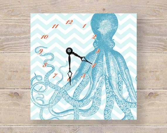 Octopus Art Print Clock - Kraken Nautical Decor - Modern Wall Clock - Office Desk Accessories - Chevron Art