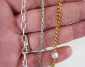 Extra long mixed chain necklace. 41 inches long. Vintage, new and upcycled chains. Gold, silver, faux pearl. Multi wear jewelry.