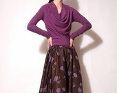 UK size 10 12 14 US size 4 6 8 M Medium SALE Ready to Dispatch Purple Jersey Cotton Wide Drape Cowl Neck Long Sleeved Blouse Jumper