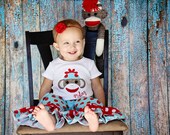 Sock monkey shirt in red and aqua