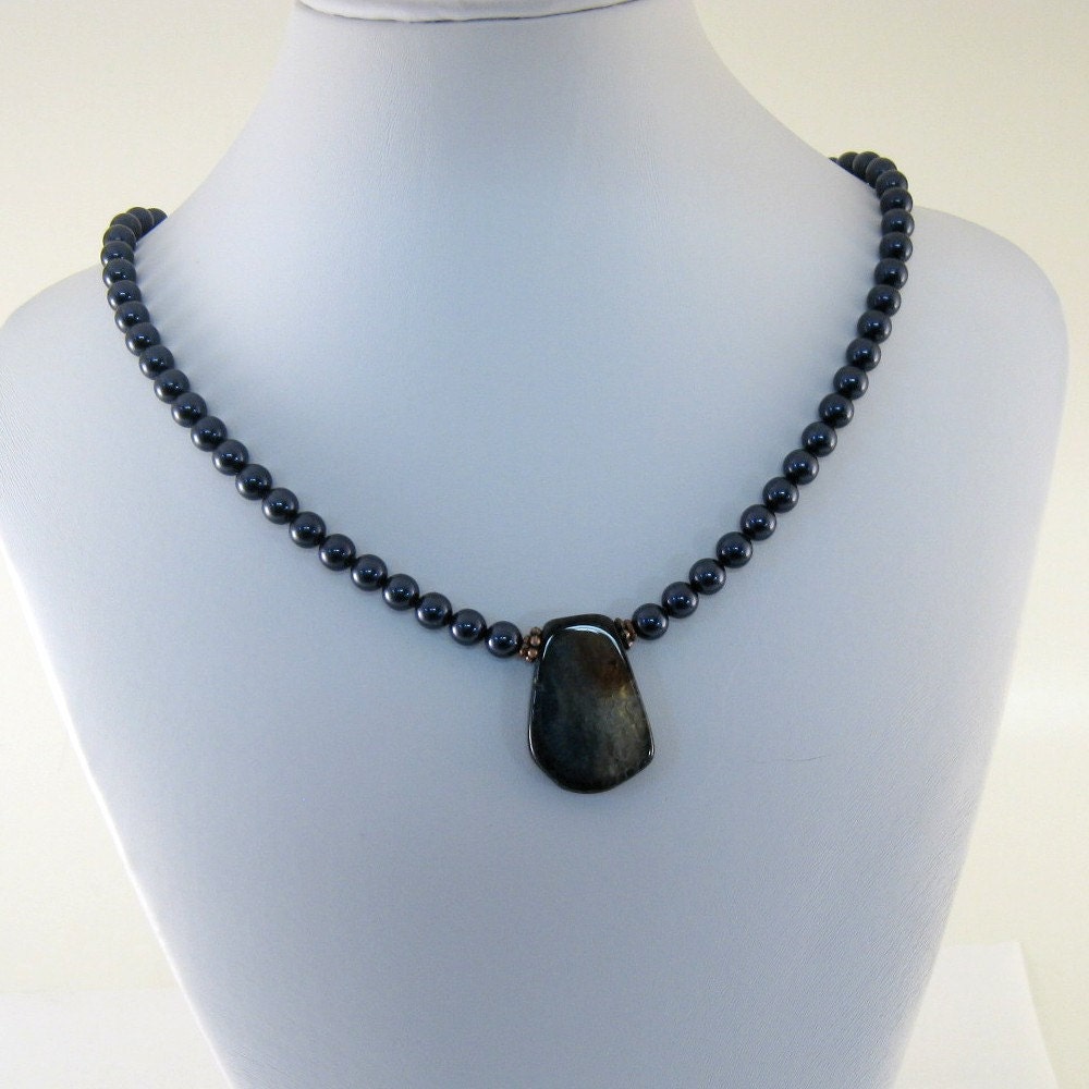 Dark Blue Necklace Choker Glass Pearls Navy Blue Quartz Antique Copper