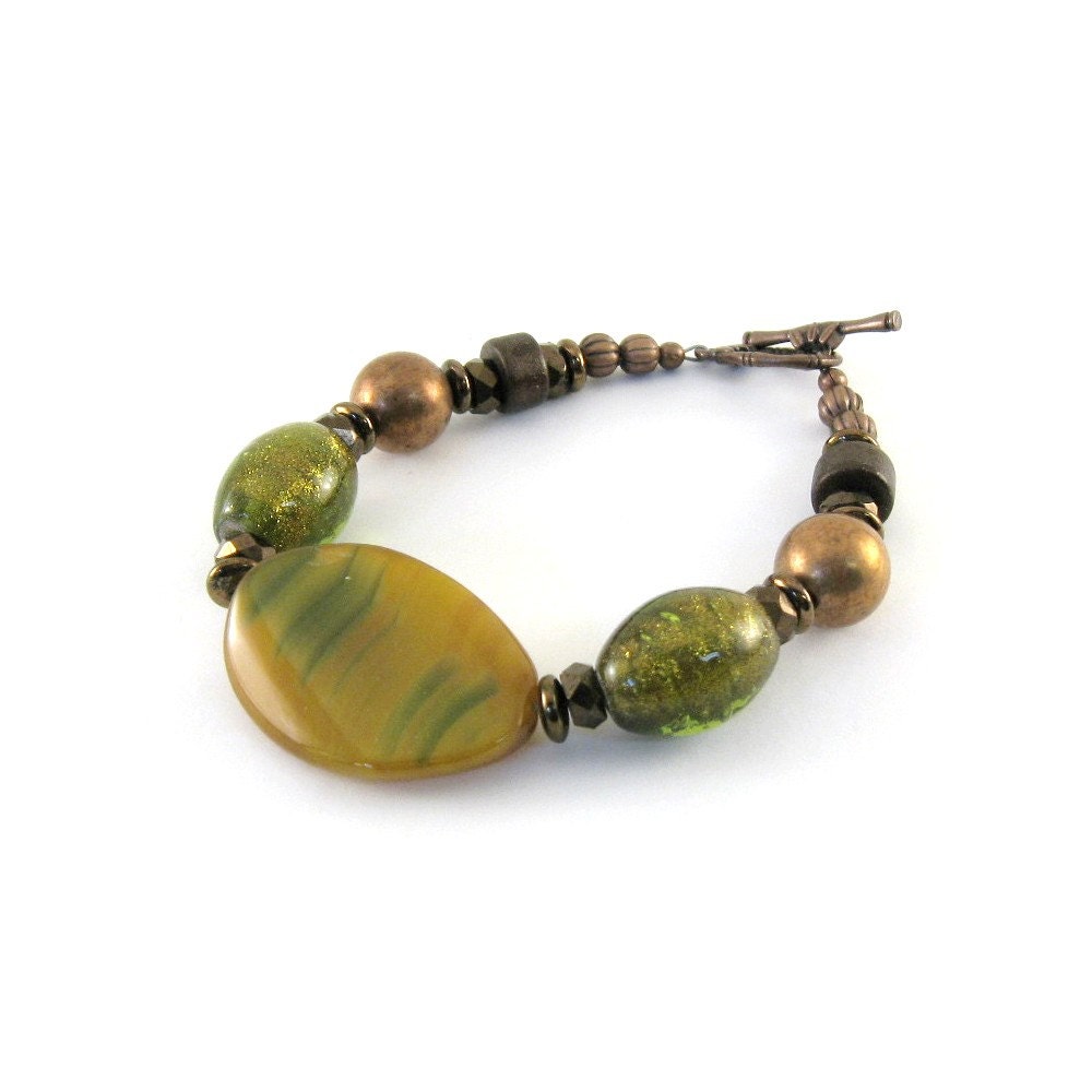 Lemon Agate Bracelet Lemon Lime Glass Antique Bronze Antique Copper Brown Beaded Bracelet
