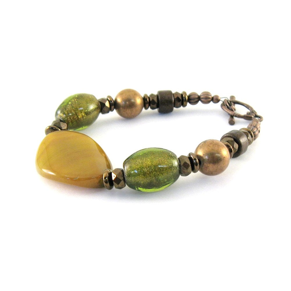 Lemon Agate Bracelet Lemon Lime Glass Antique Bronze Antique Copper Brown Beaded Bracelet