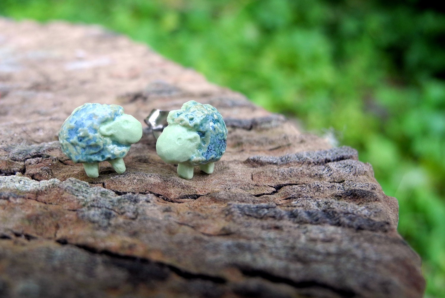 bleu and green sheep - porcelain and surgical steel earring studs / posts