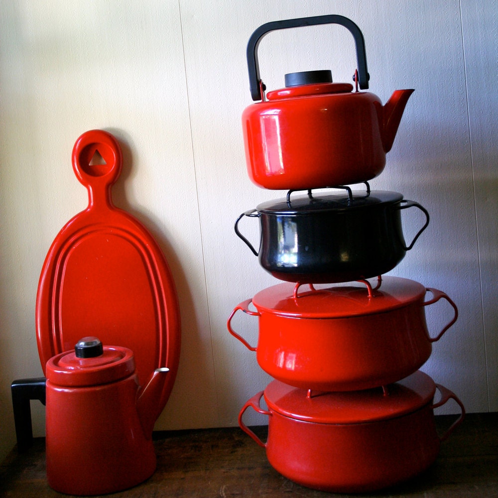 Vintage Red Dansk Tea Pot Kettle Enamelware Gunnar Cyren 1970s