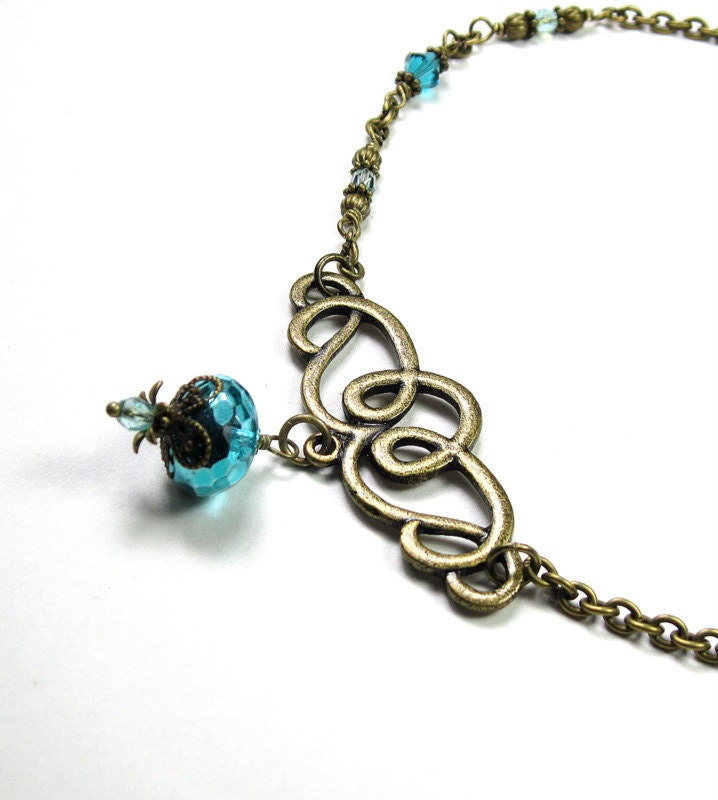 Metallic Aqua Ice Czech Glass Vintage Style Necklace, Choker Necklace, Womens Accessories, Gifts for Women, Celtic Knot, Blue Green