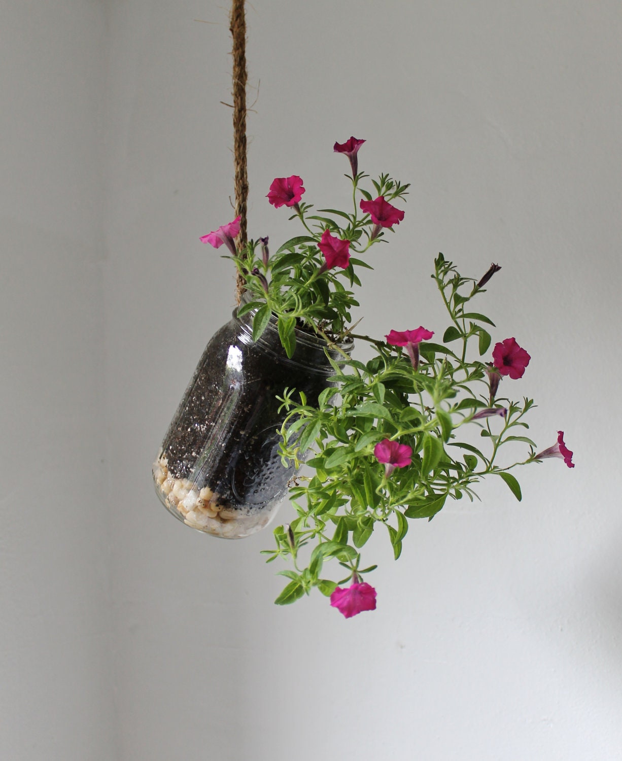 Hanging Mason Jar Planter with drainage - Upcycled home & garden decor - Quart Sized Ball Jar herb and flower planter - BootsNGus design