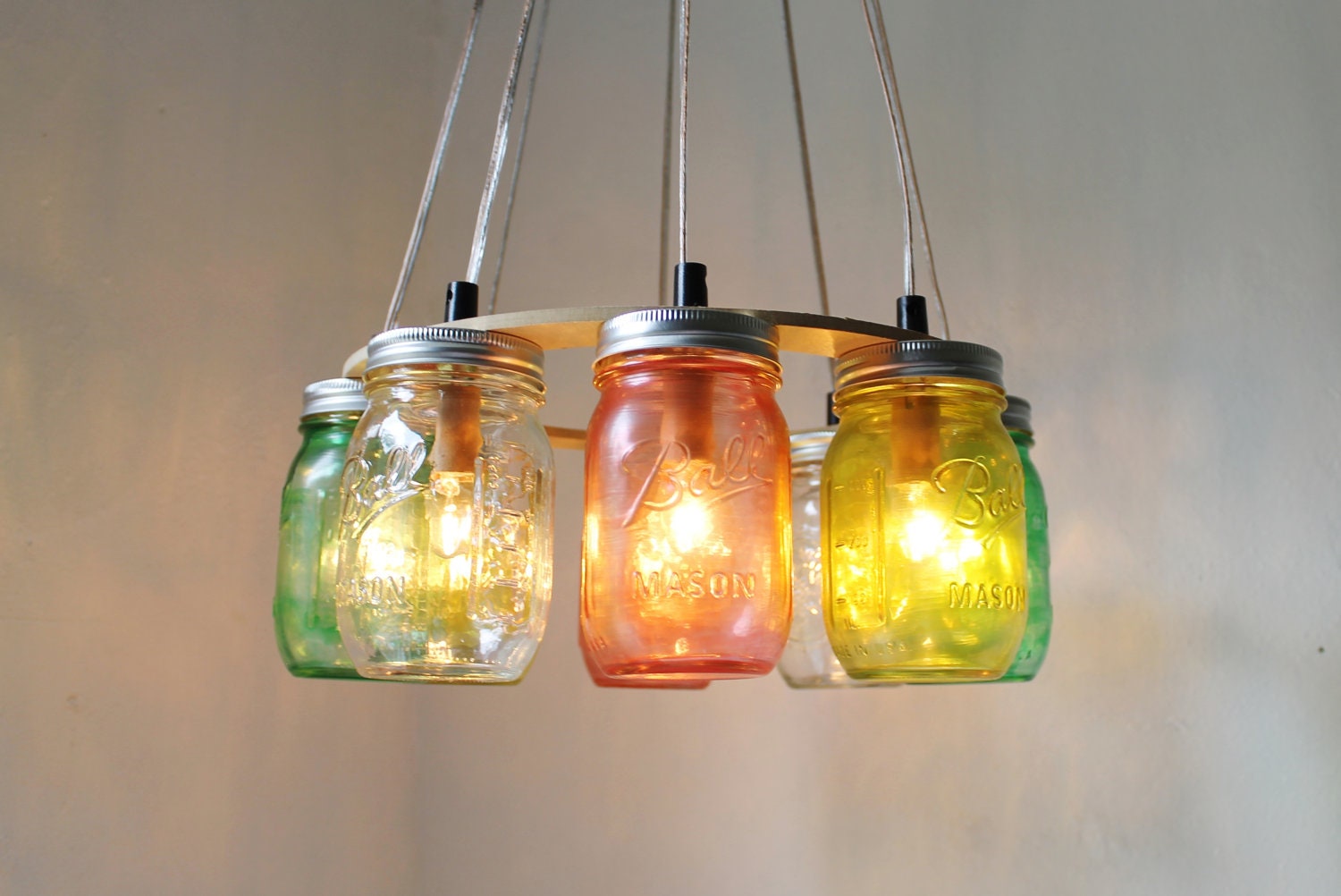 Tropical Fruit Mason Jar Chandelier - Upcycled Hanging Mason Jar Lighting Fixture Direct Hardwire - BootsNGus Lamps Rustic Home Decor