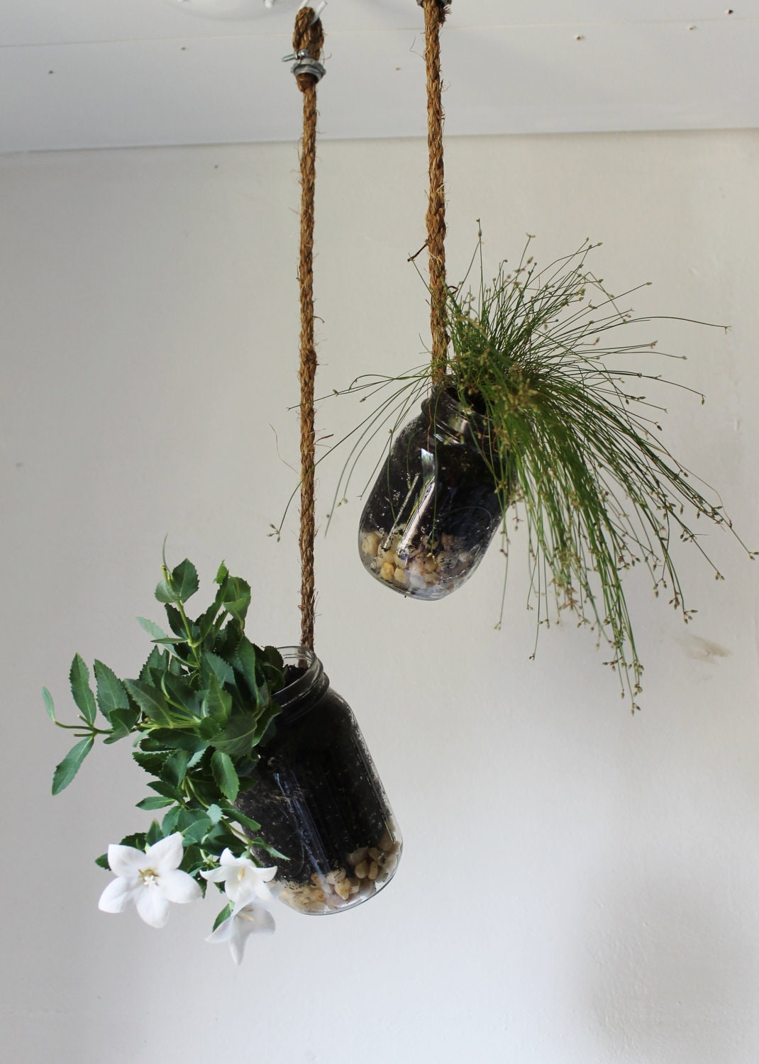 Set of 2 Hanging Mason Jar Planters with drainage - Upcycled home & garden decor - Quart and Pint Ball Jars BootsNGus design