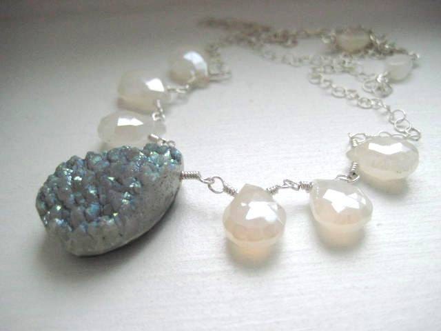 Druzy Briolette Necklace with Pearl Chalcedony Briolettes on Sterling Silver