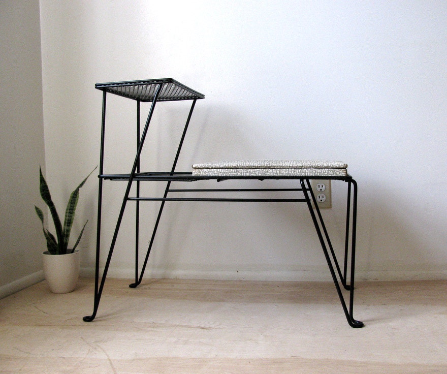 Vintage Early Mid-Century Wrought Iron Hairpin Wire Mesh Bench