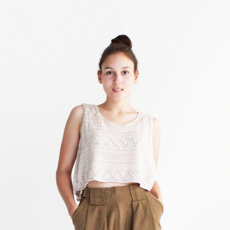 Cream cropped tank top with open knit - small, medium, large