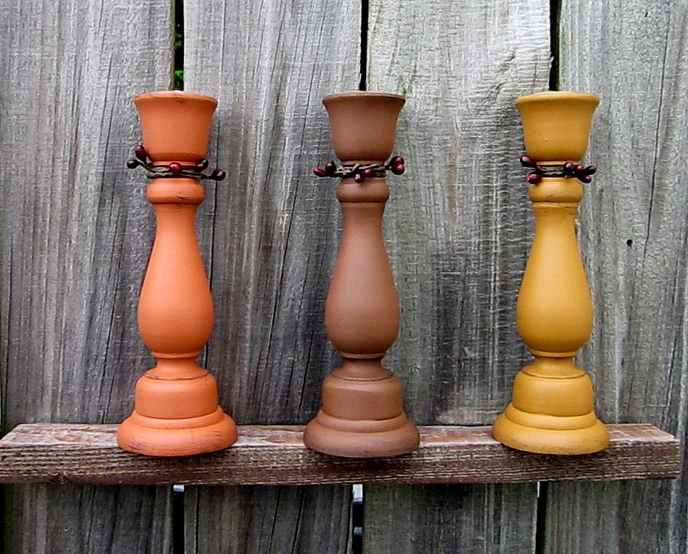Primitive Taper Candle Holders, Set of Three, Fall Colors