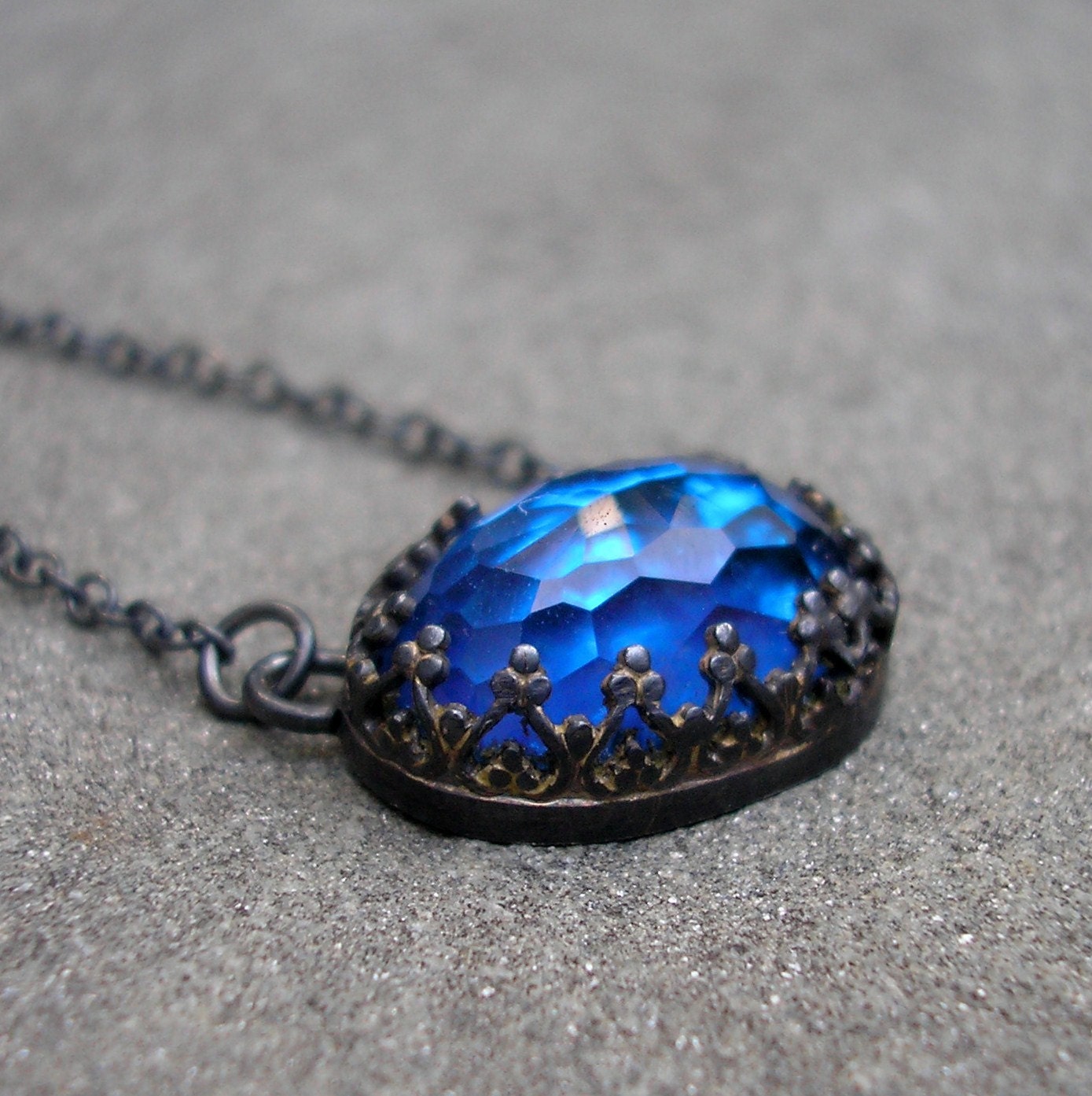 Blue Topaz Necklace - Sterling Silver, Filigree Bezel, Big Oval Rose Cut, Electric Blue
