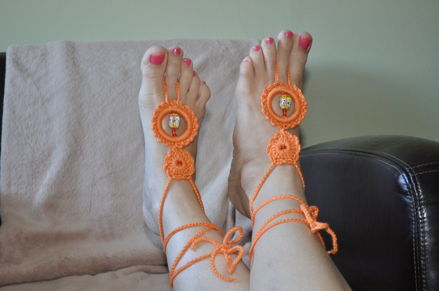 Barefoot Sandals in Orange with Beads Crochet Nude Shoes, Beach Wedding Gypsy, Sexy , Summer Fashion
