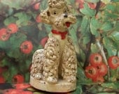 Poodle, Dog Ornament, Figurine, Vintage Chalkware, Animal Display or Bookend, Creamy Ivory, Red Collar, New Home Gift, FREE SHIPPING