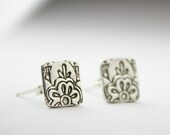 Square silver post earrings with floral mehndi print, mehndi earrings, lotus flower earring, square stud earrings