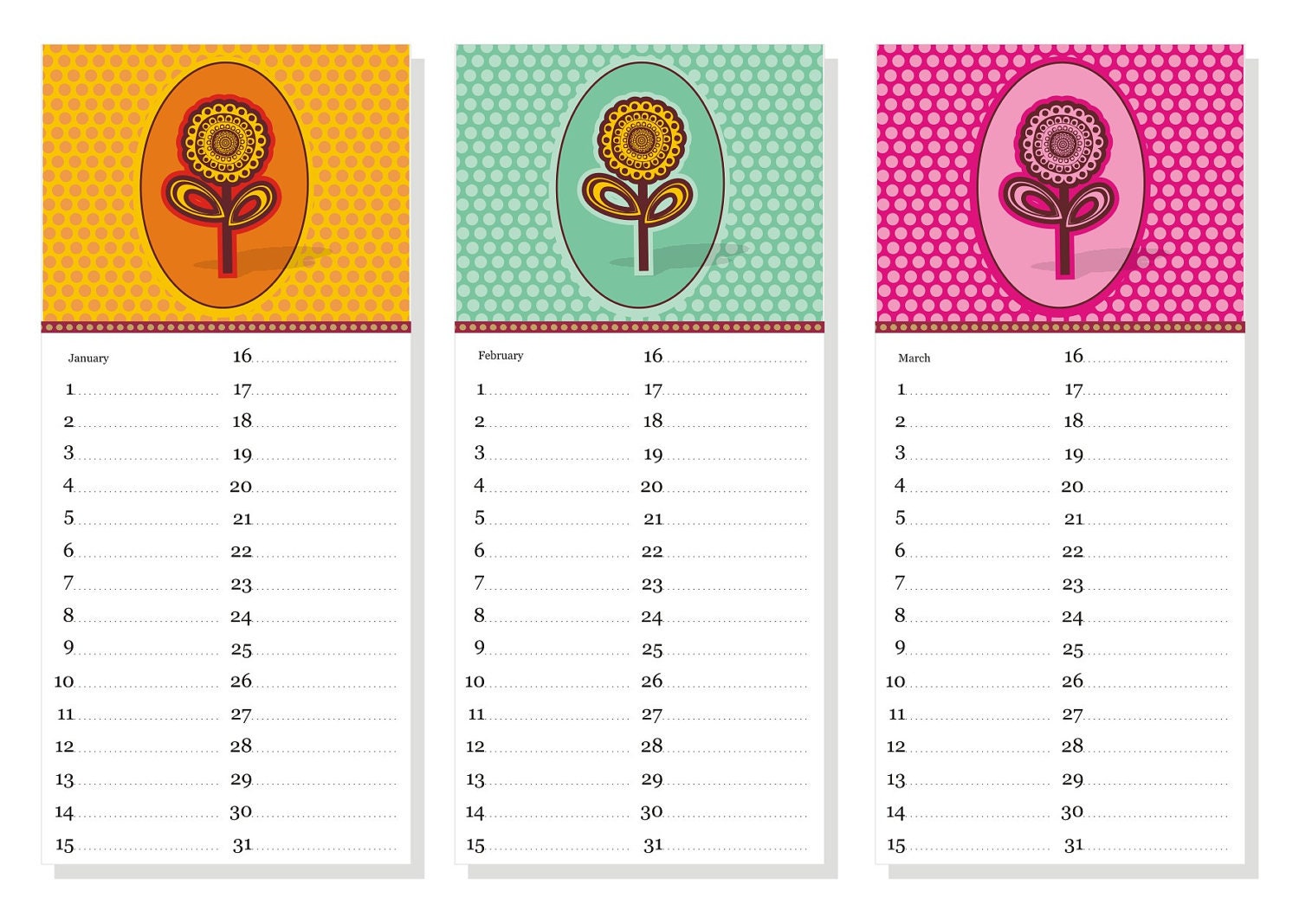 Back to school diy printable perpetual wall desk calendar organizer 5"X11" popart colorful designs CIJ