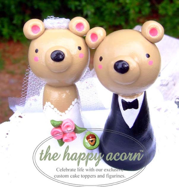 Teddy Bears Wedding Cake Topper - Custom Made in Your Choice of Color - Kawaii Woodland Animals
