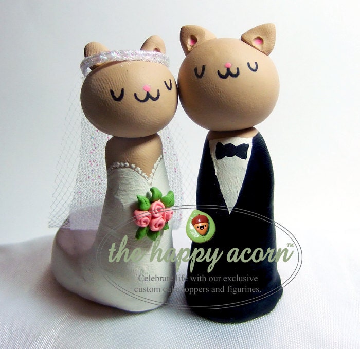 Wedding Cake Topper Cats - Cat Lover Animal Polymer Clay Kawaii Kitty Bride and Groom Cake Topper - Handmade by The Happy Acorn