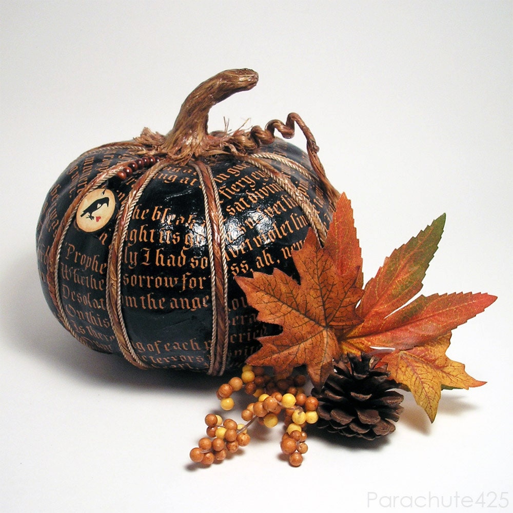 The Raven Pumpkin 122, black decoupage pumpkin, Halloween, Fall decor, noir, macabre, goth
