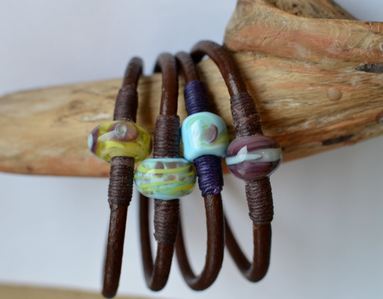 Mix and Match Leather Bangles w/ Lampwork Bead- Plum