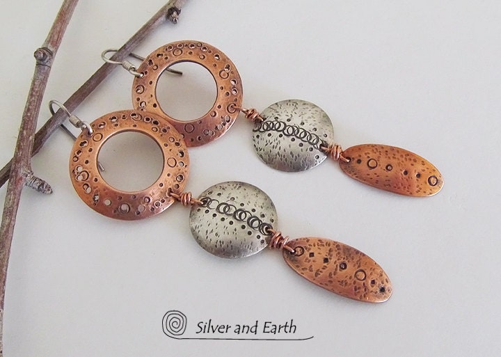 Mixed Metal Earrings, Modern Tribal Bohemian Jewelry,  Long Dangle Earrings, Hand Forged Mixed Metal Jewelry, Textured Metalwork Earrings