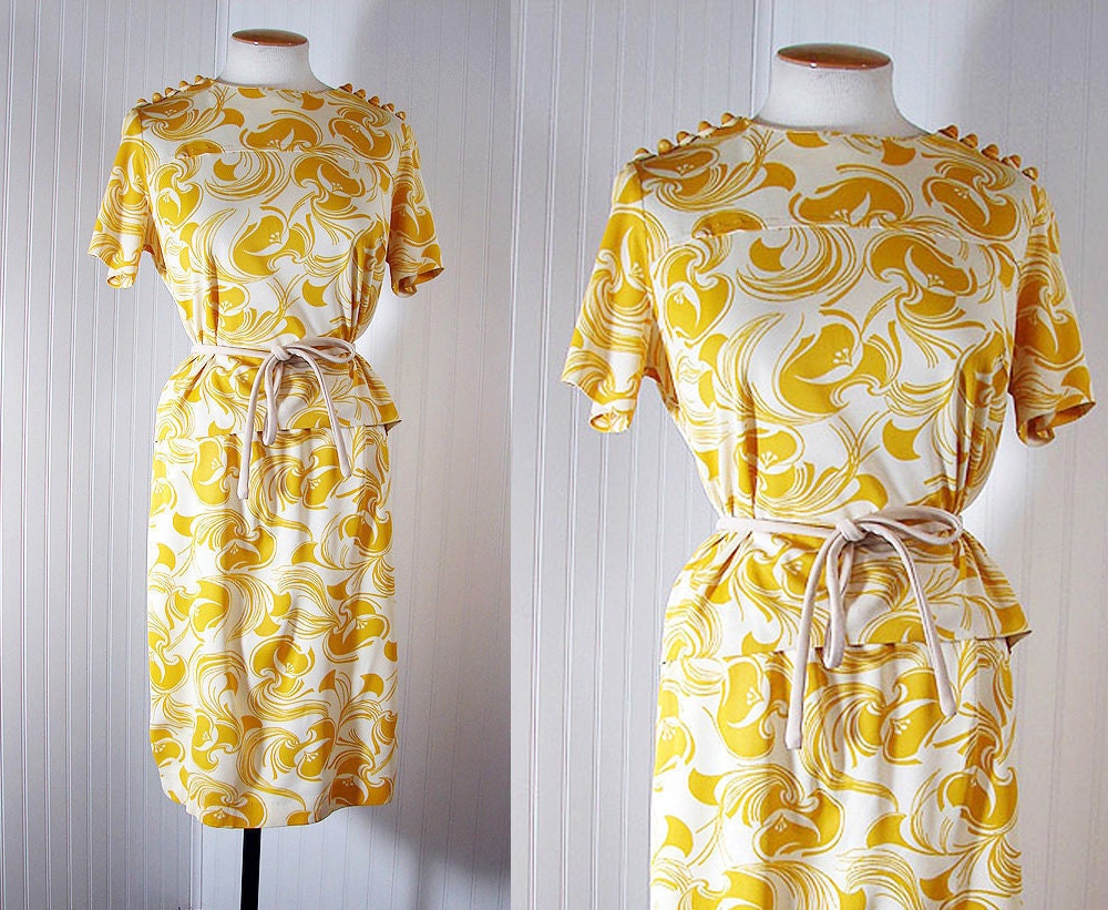 1960s Dress MISS DIJON Vintage Mustard Yellow and White Designer Jersey Top and Skirt Ensemble m l