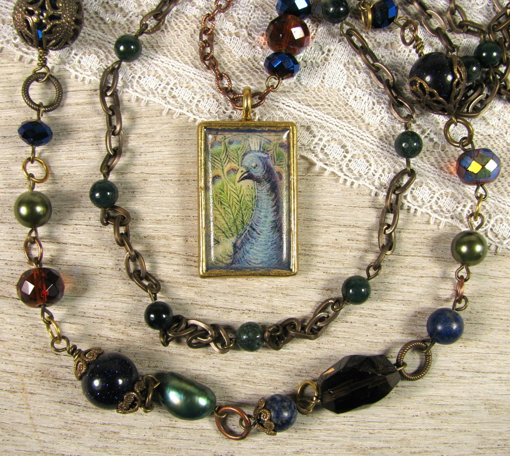 Multi Strand Necklace with Brass,Copper, and Semi Precious Stones. "Way of the Peacock"