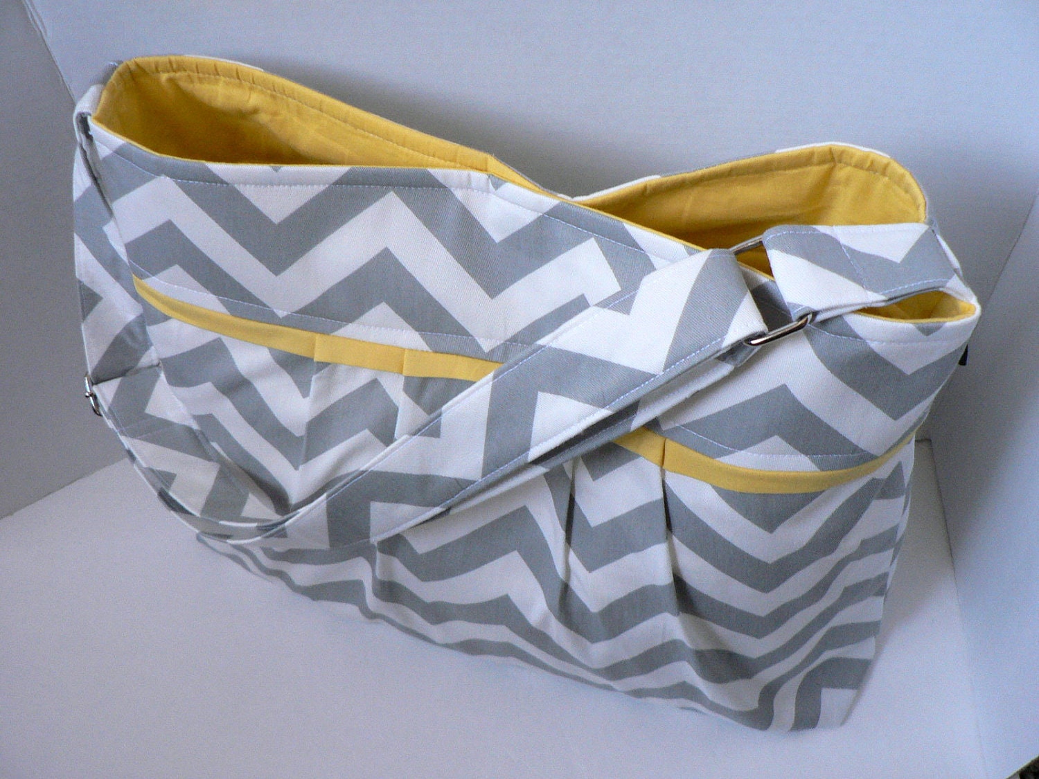 The Monterey Diaper Bag Large - In Grey Chevron and Yellow - Adjustable Strap and Elastic Pockets