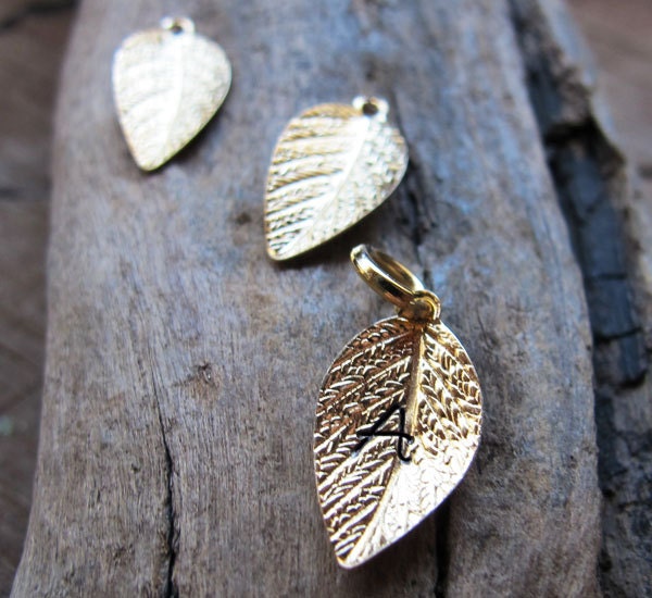Gold Initial Leaf Charm - Tiny Personalized Leaves - Hand Stamped Jewelry Add ONs - Necklace charm