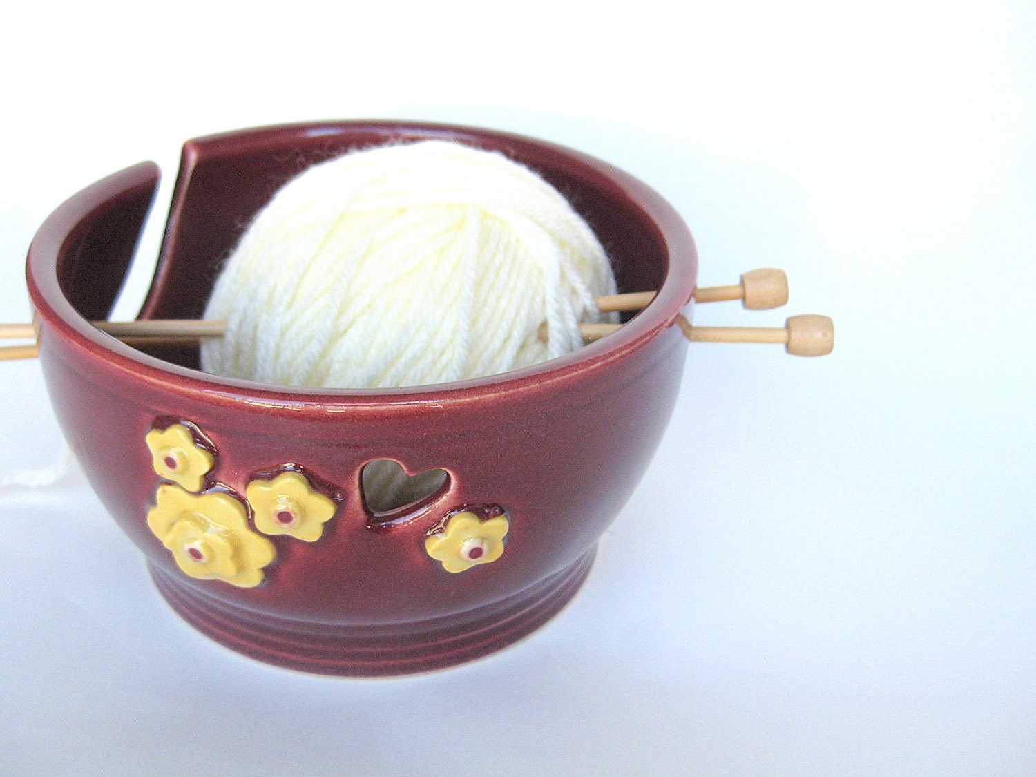 Yarn keeper / bowl with yellow flowers in raspberry, IN STOCK