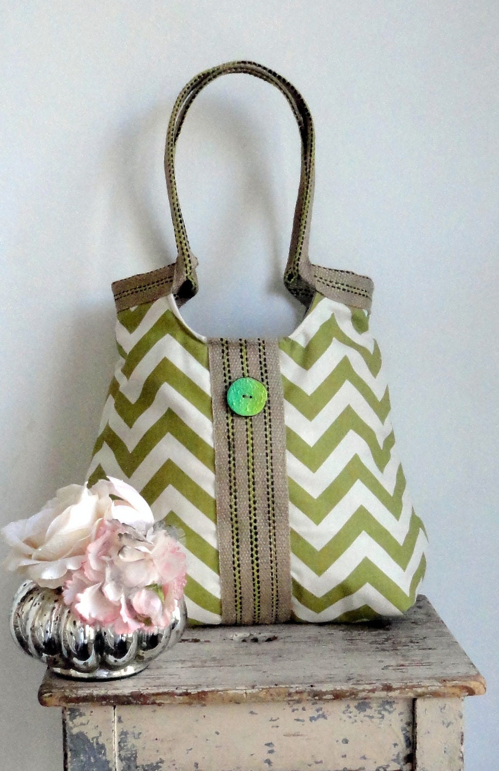 Handbag shoulderbag purse Green and white chevron carry on hobo bag with burlap FASHION 2013