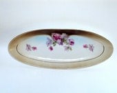 Vintage German Porcelain Elongated Vanity Tray or Serving Dish, cr 1900, Roses, 22K Gold , Otto Grunert, Eisenberg       I Take Credit Cards
