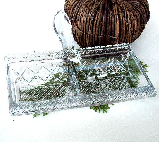 Vintage Relish Tray with Separated Compartments and Serving Handle. Molded Pattern Glass,Thanksgiving  I Take CREDIT CARDS