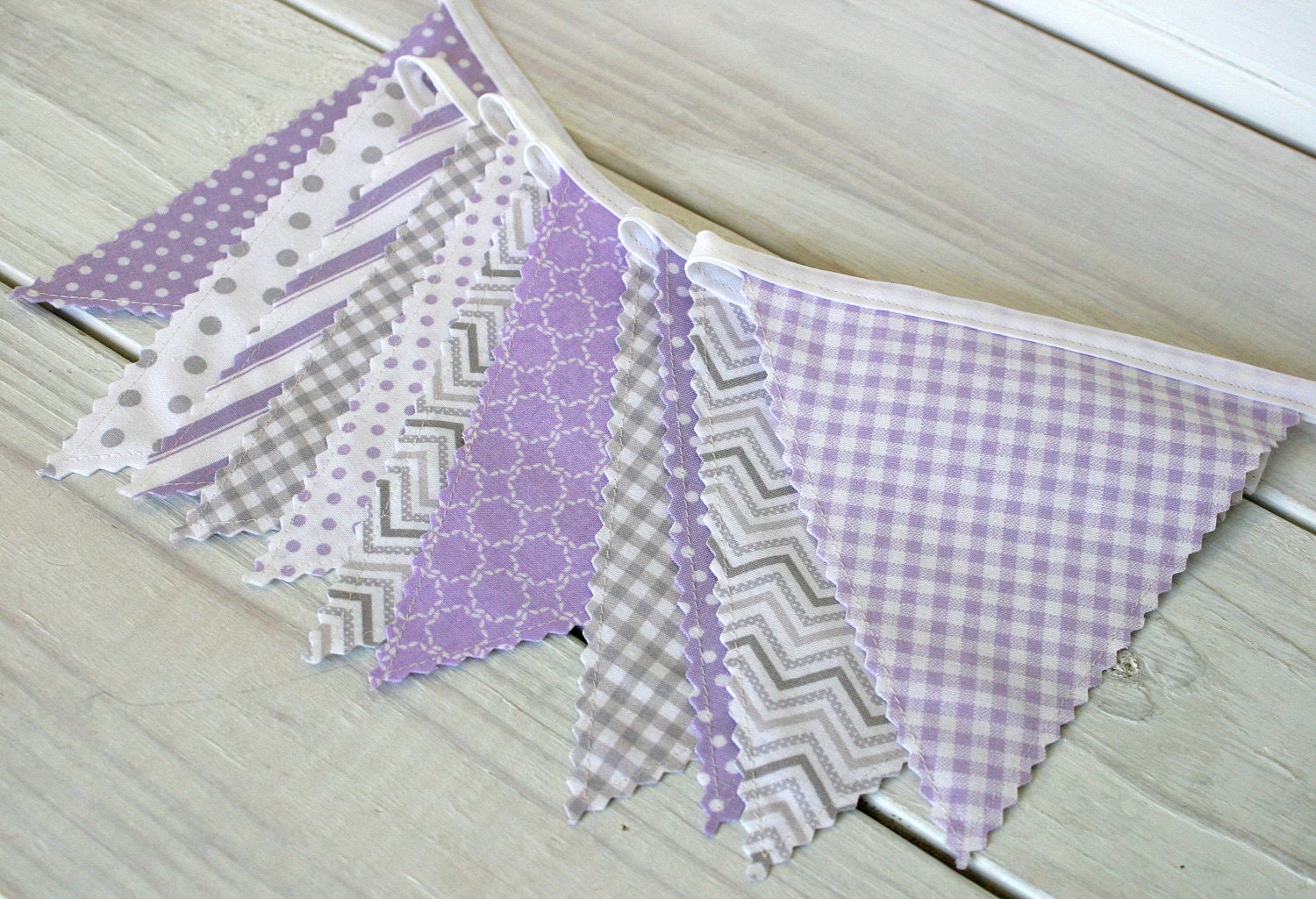 Baby Bunting Fabric Banner Fabric Flags  -  Lavender and Gray Chevron Dots Gingham - Ready to Ship
