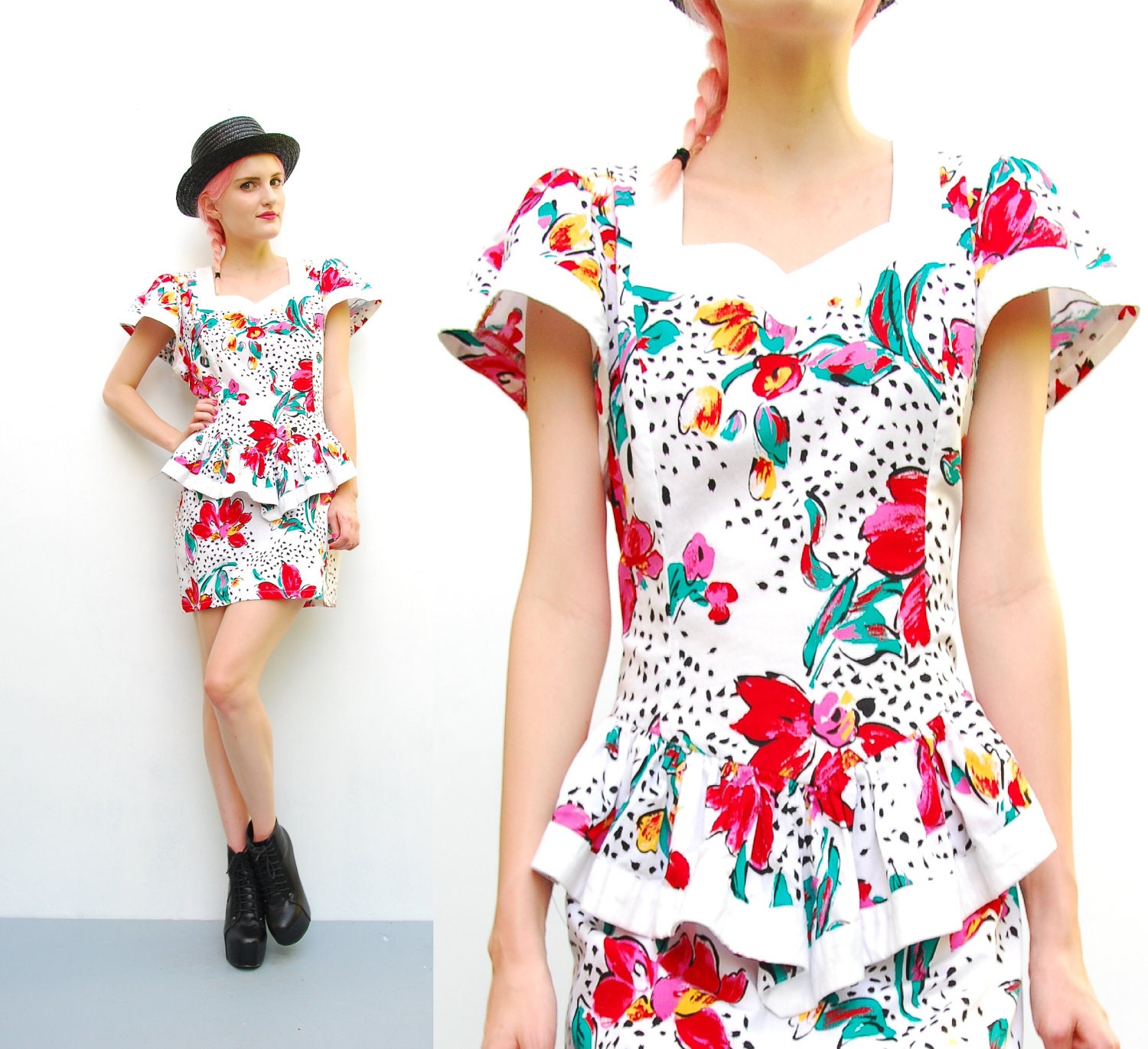 SALE 80s Floral Peplum Dress - Bold Print - 1980s Sweetheart Ruffle Mini Dress - Spring Fashion - S M 6 8