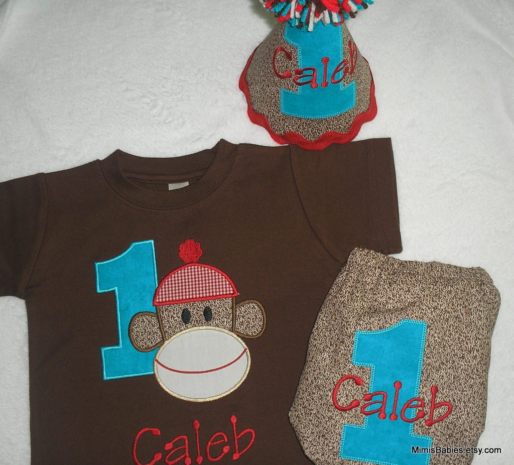 Sock Monkey Birthday Set  Turquoise and Red
