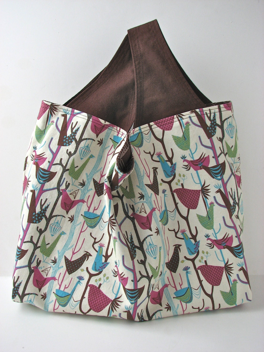Reversible Reusable Grocery Bag in Morning Birds and Venice Landscape in Aqua and Brown - ready to ship