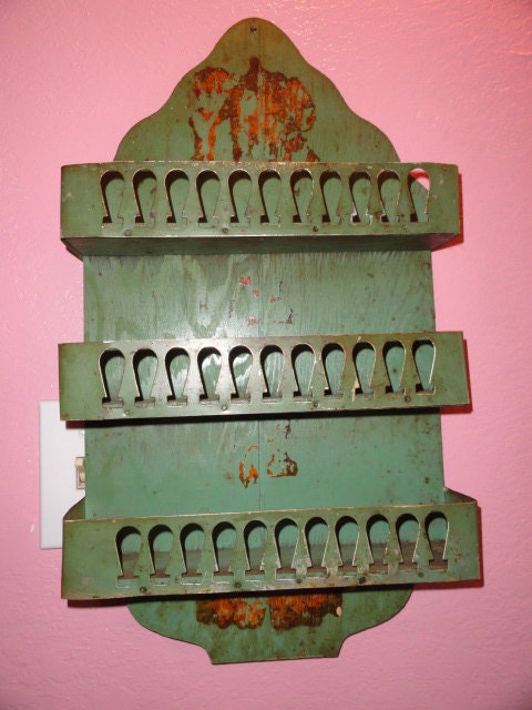 Vintage French Spice Rack Curio Shelf Green Metal Edging Cottage Chic
