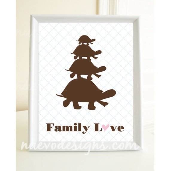 Turtle Stacking Family Love 8x10 in chocolate color
