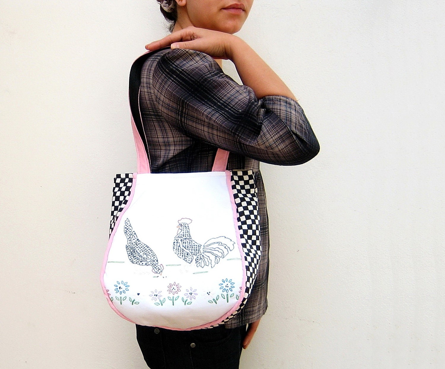 Chicken Farm Bag - Shabby Chic- Vintage Embroidery, Vintage handstamped Fabric and Leather Straps