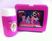 Vintage Barbie and Rockers lunchbox.  Pink plastic.  With thermos.  1987.  From the 1980s.