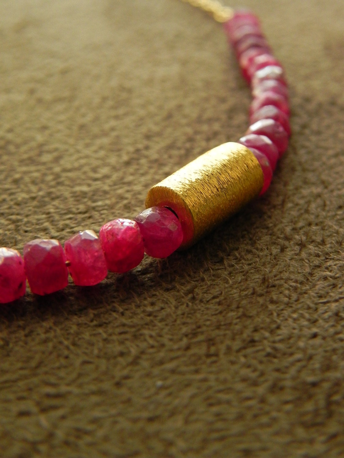 Large Ruby Rondelle and Vermeil Block Necklace with Gold Filled Chain