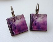 SALE - Purple Mystical Tree Dangle Earrings in Antique Brass. Square. Gift for her under 20 usd.