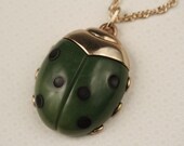 Dark Green and Black Ladybug Necklace, Vintage Polka Dot Pendant, Long Rope Chain, Large Bug Jewelry, Insect Jewellery