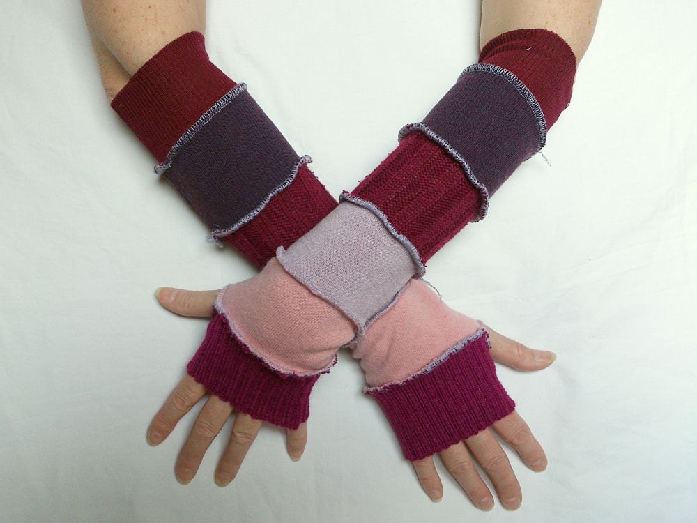Fingerless Mittens Arm Warmers Gloves Sleeves Violet Pink Upcycled Sweaters Eco Friendly Funky Style Winter Fashion Recycled Clothing